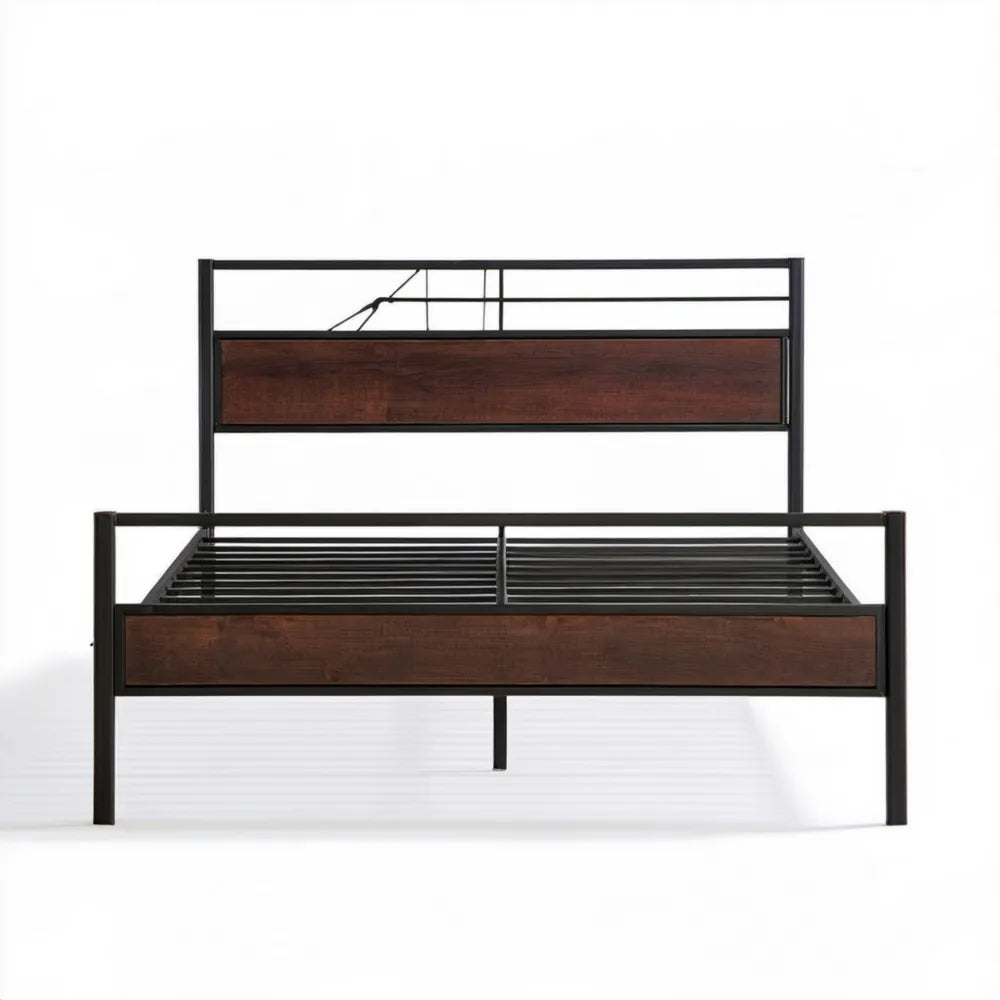 Łóżko industrialne 160 x 200 cm ze stali i MDF, czarno-ciemnobrązowe