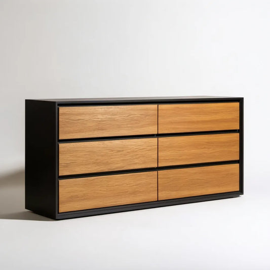 Komoda z 6 szufladami, czarna/dąb naturalny, 140 × 40 × 80 cm