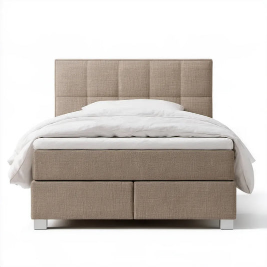 Beżowe łóżko kontynentalne tapicerowane z zagłówkiem i schowkami 160 x 200 cm