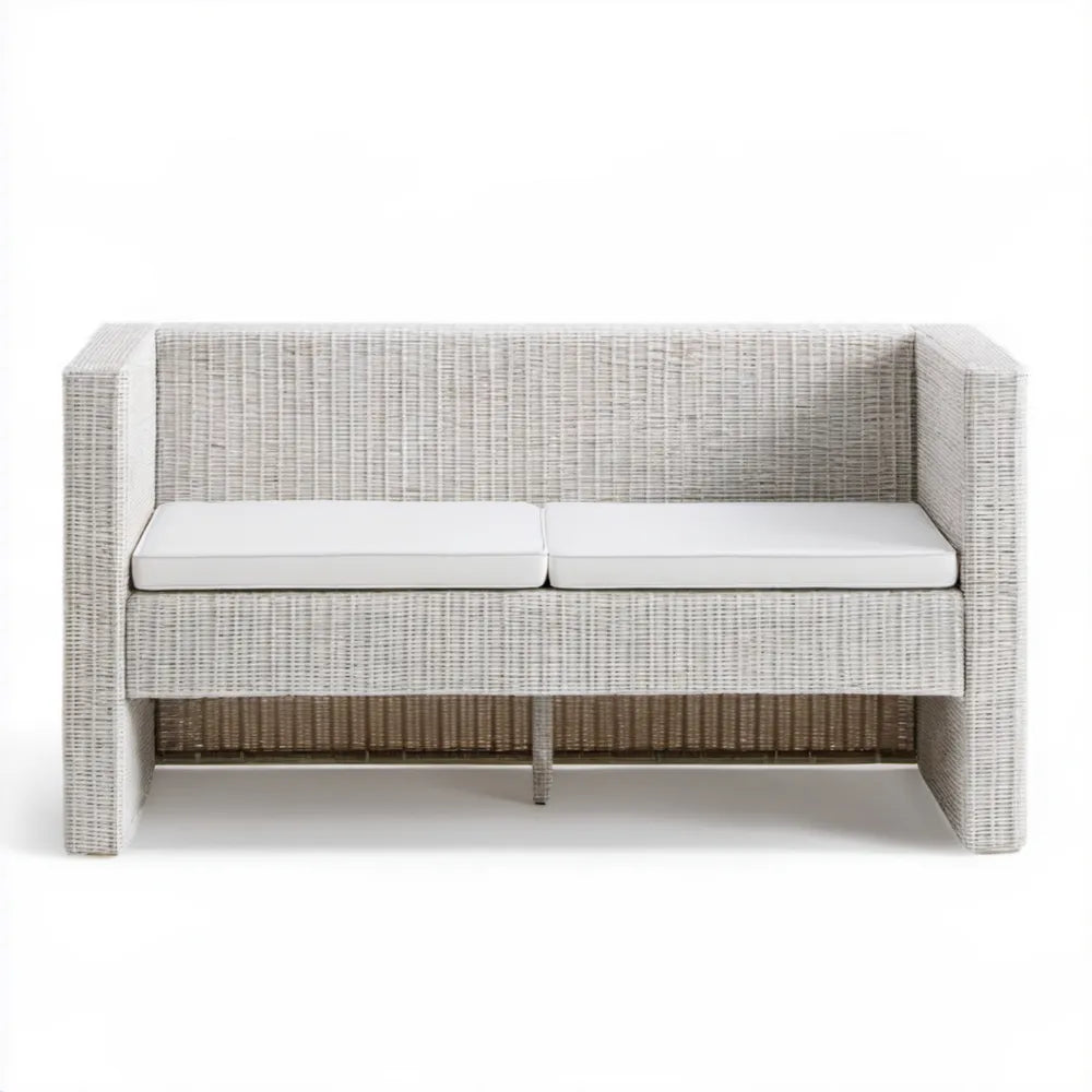 Dwuosobowa sofa ogrodowa z technorattanu PE jasnoszara z białymi poduszkami, 126 x 70 x 80 cm