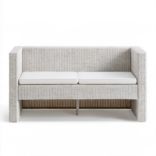 Dwuosobowa sofa ogrodowa z technorattanu PE jasnoszara z białymi poduszkami, 126 x 70 x 80 cm