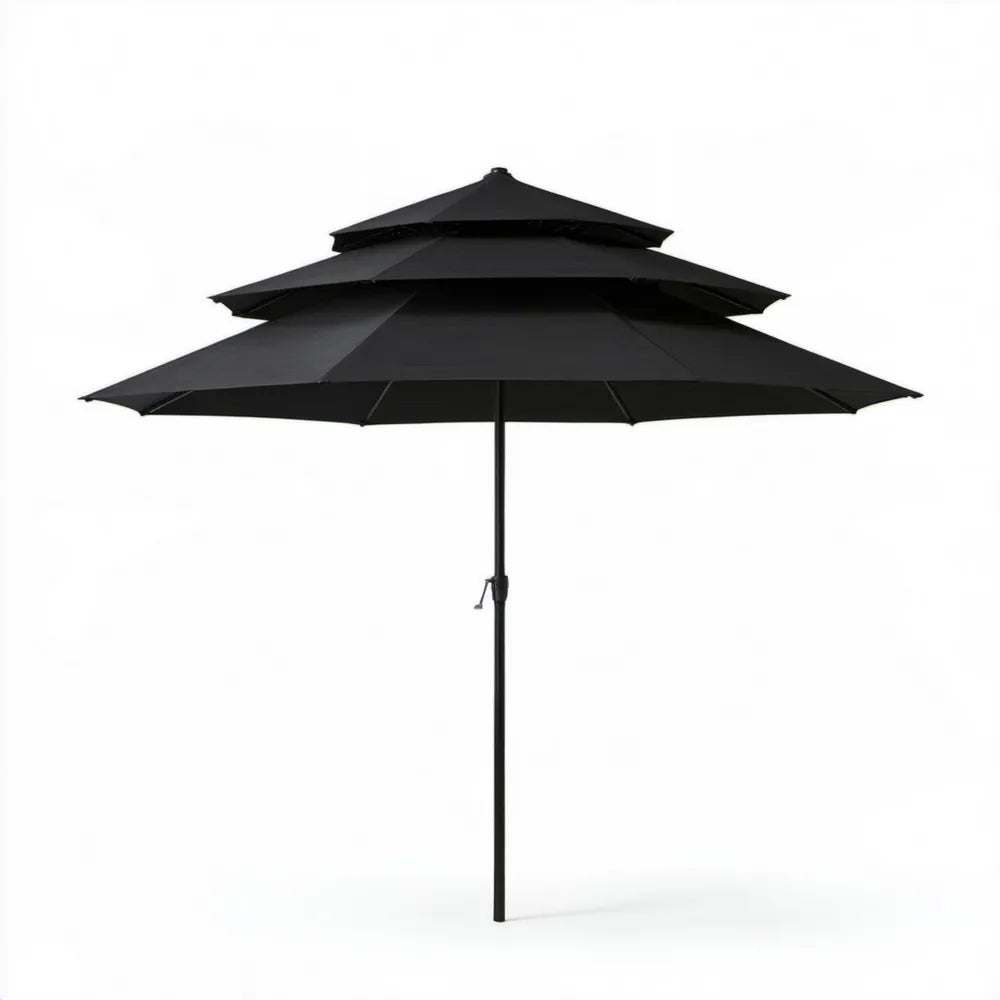Czarny trójpoziomowy parasol ogrodowy z poliestru, okrągły Ø300 cm, wysokość 248 cm
