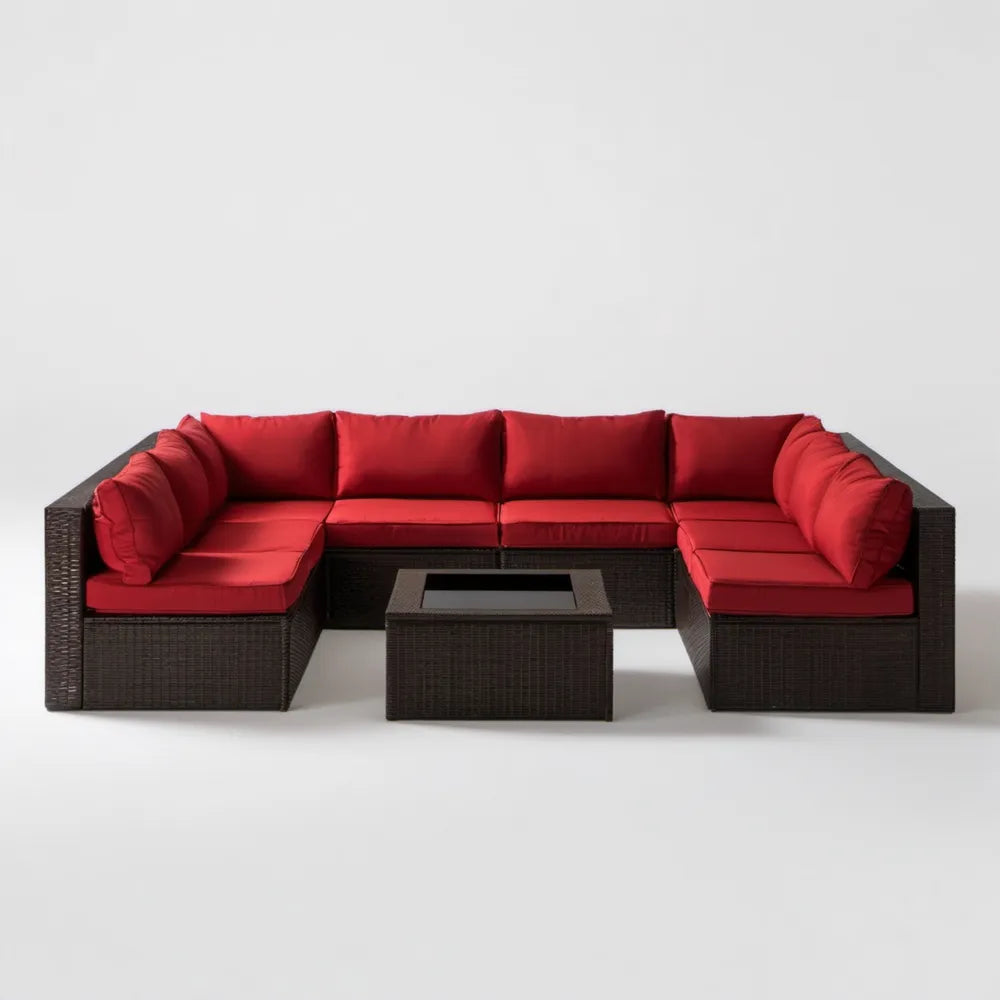 Modułowa sofa ogrodowa w kształcie U z technorattanu, ciemnobrązowa z czerwonymi poduszkami i czarnym stolikiem, 270 x 210 x 70 cm