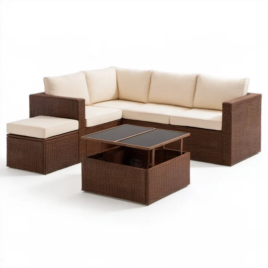 Brązowy zestaw ogrodowy z technorattanu z kremowymi poduszkami, sofa narożna 220 × 150 cm, pufa i stolik
