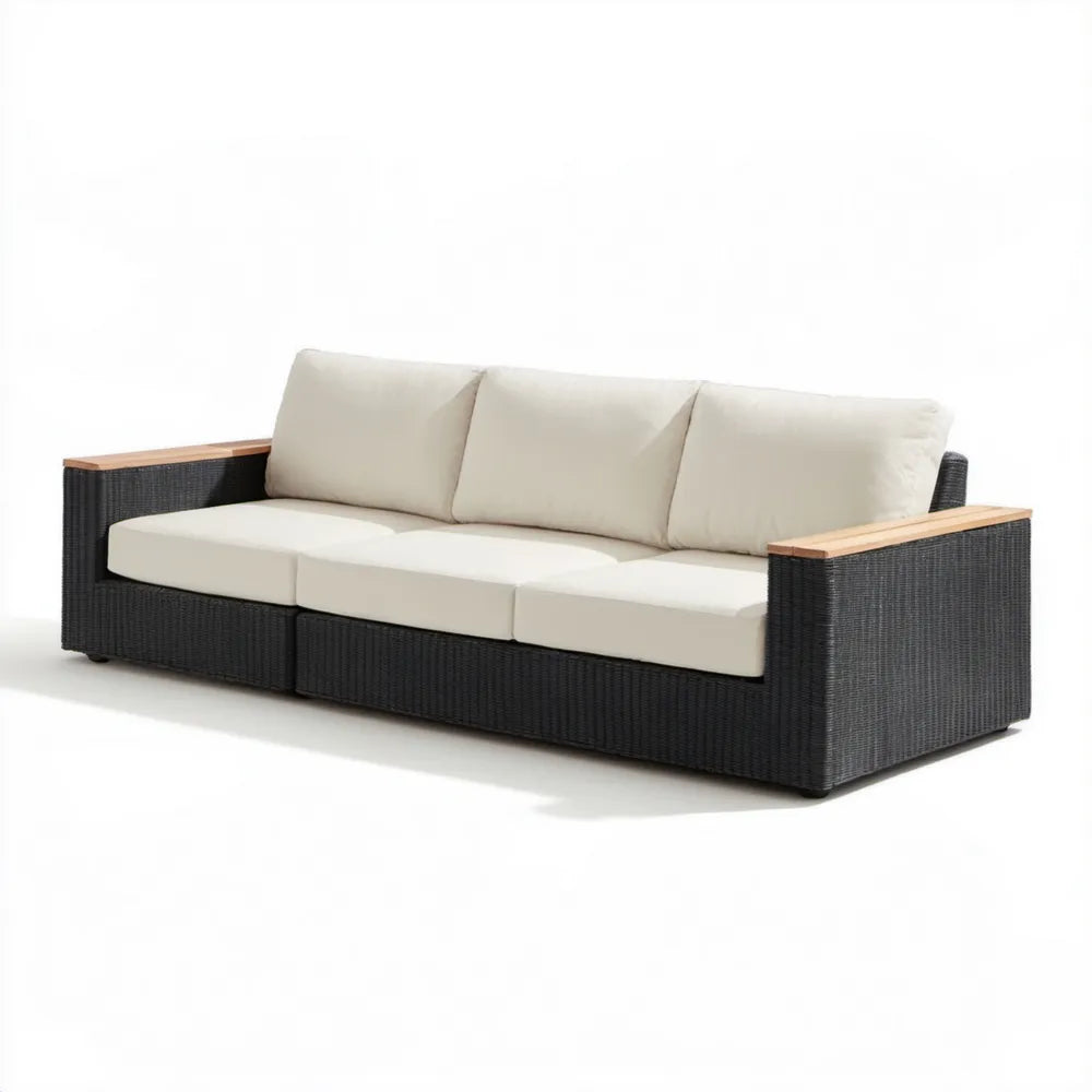 3-osobowa sofa ogrodowa z technorattanu PE, grafitowa z kremowymi poduszkami, 220 × 85 × 65 cm
