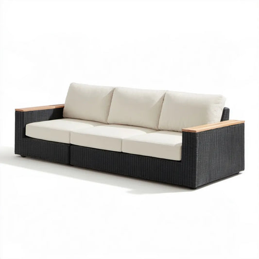 3-osobowa sofa ogrodowa z technorattanu PE, grafitowa z kremowymi poduszkami, 220 × 85 × 65 cm