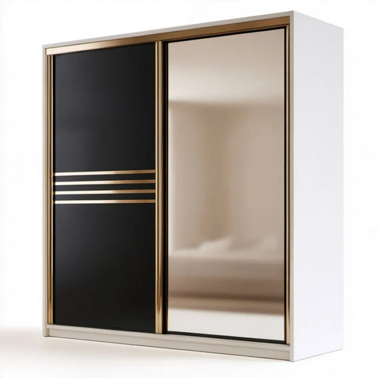 Dwudrzwiowa szafa przesuwna z lustrem 150 x 60 x 200 cm, biała/czarna/złota/brązowa