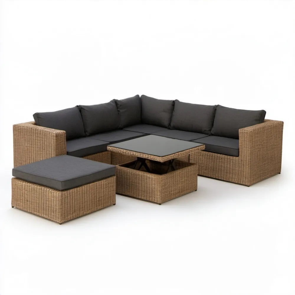 Narożna sofa ogrodowa z technorattanu 193 × 140 × 60 cm ze stolikiem 60 × 60 × 36 cm i pufą 60 × 60 × 32 cm, brązowa/grafitowa/czarna