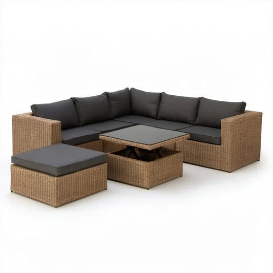 Narożna sofa ogrodowa z technorattanu 193 × 140 × 60 cm ze stolikiem 60 × 60 × 36 cm i pufą 60 × 60 × 32 cm, brązowa/grafitowa/czarna