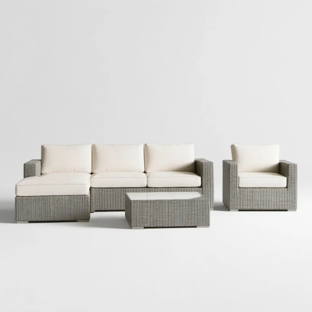 4-częściowy zestaw wypoczynkowy z technorattanu PE, szary/kremowy, sofa z lewostronnym szezlongiem 220 × 150 cm